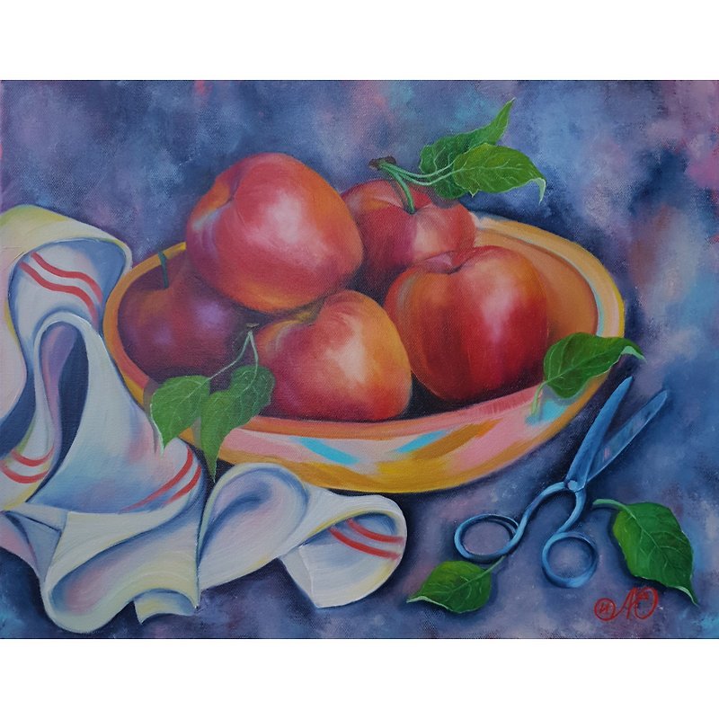 リンゴの絵フルーツオリジナルアートキッチンアートワーク静物画キャンバス油絵