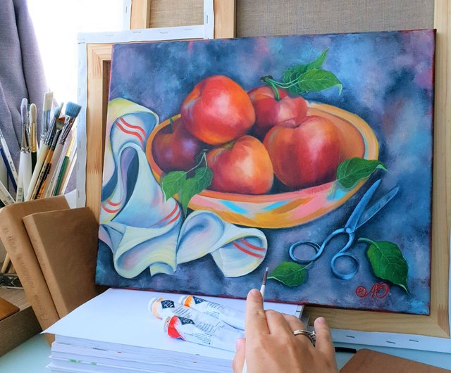 激安通販新作 水彩画買い物パン果物りんご絵アート絵画美術インテリア 絵画