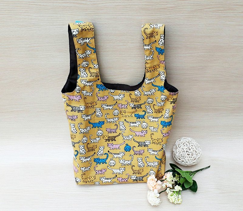 [Reusable shopping bag] 100 cats - Japan and South Korea cloth - กระเป๋าถือ - ผ้าฝ้าย/ผ้าลินิน สีส้ม