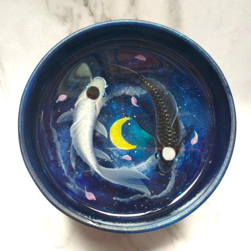 Yin and Yang Koi Fish Resin Art, 3D Resin Painting, Tui and La Ocean and Moon - ของวางตกแต่ง - เรซิน หลากหลายสี