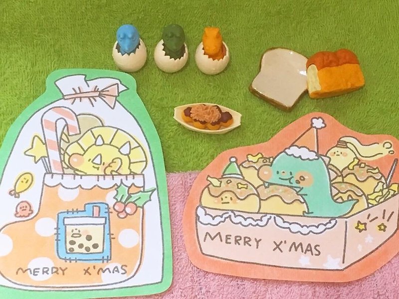 ドッグクリップスター/シェイプポストカード2スタイル/クリスマス恐竜02 - カード・はがき - 紙 