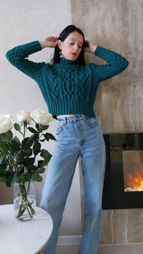 Wool cable sweater Chunky sweater Womens handmade sweater Green