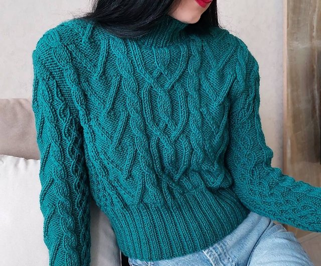 Wool cable sweater Chunky sweater Womens handmade sweater Green