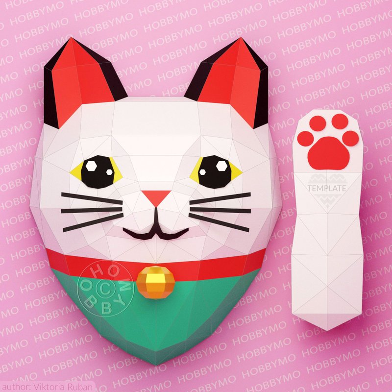 DIY Paper Maneki Neko, Lucky cat, Wall art 3D Papercraft, Printable PDF template - 手工藝教學/工具書 - 其他材質 