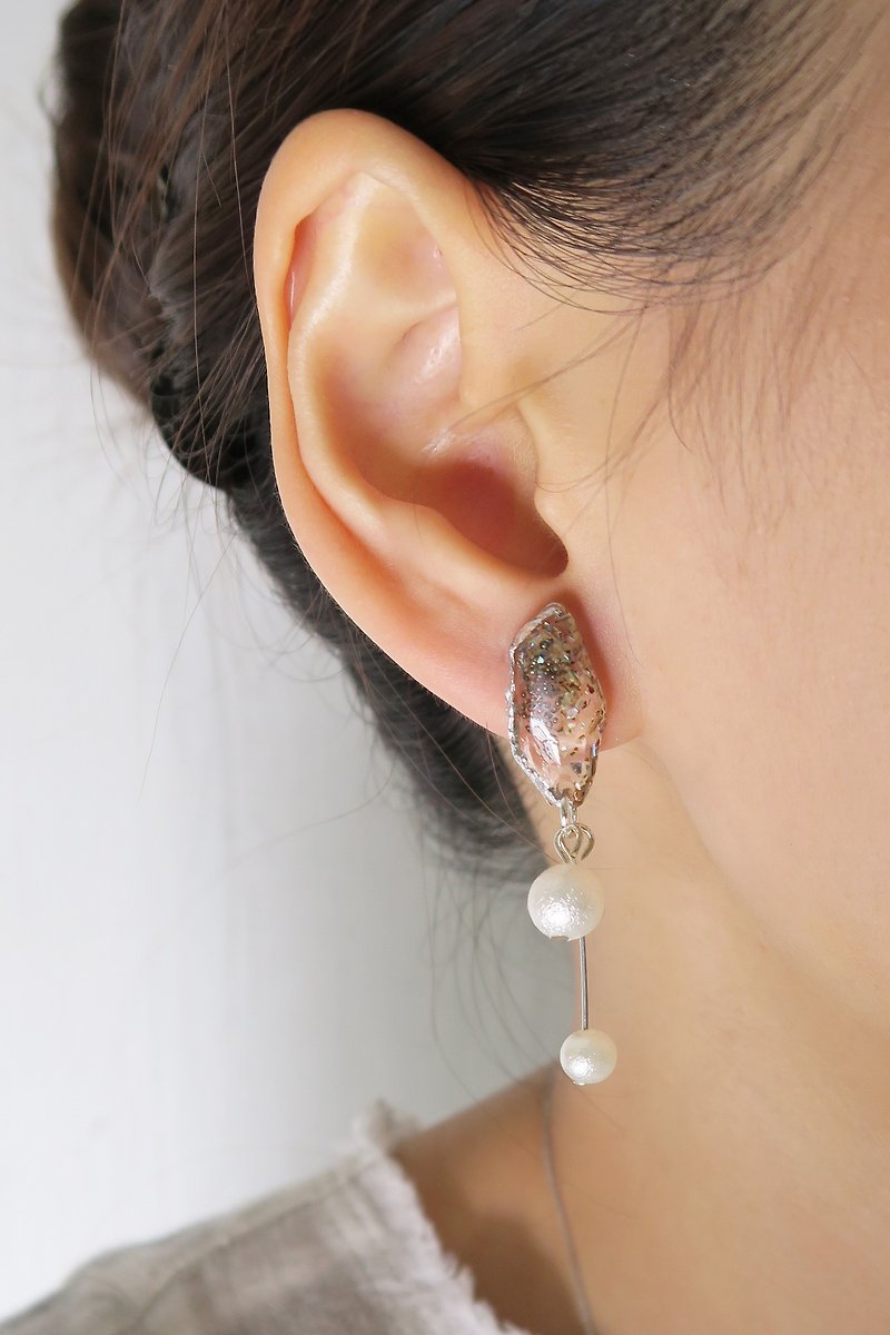 OUD Original. Handmade Geometric. 925 Silver Pearls Drop Earring/Clip-on - Earrings & Clip-ons - Shell Silver