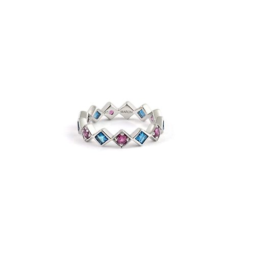 MARON Jewelry Urban Square Eternity Ring with London Blue Topaz and Rhodolite