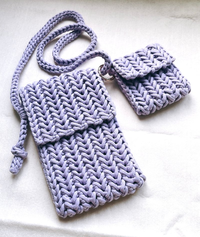 Crocheted Phone Sling Bag + Earbud Case - Light Purple - Other - Cotton & Hemp Purple