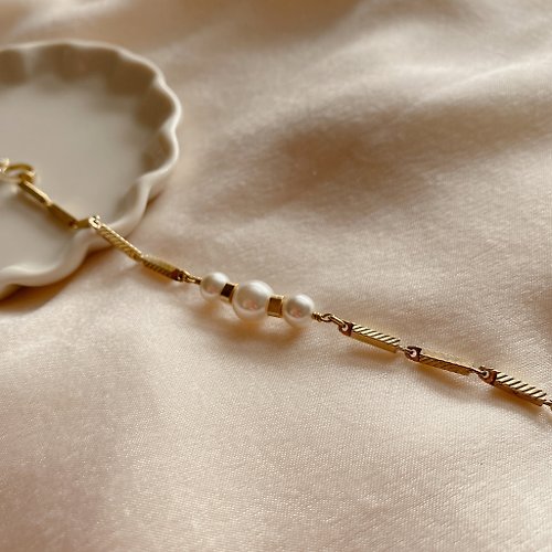 Fuchia語黃銅 珍珠情話 -珍珠 鋯石黃銅手鍊