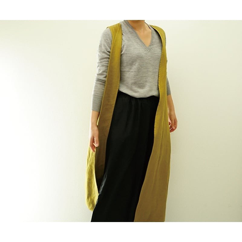 [Wafu] Belgian linen 100% Long Gilet · Vest / Fall leaf b25-1 - Women's Vests - Cotton & Hemp Yellow