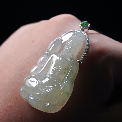 瓔珞翡翠 冰黃飄綠花翡翠觀音菩薩項鍊18K金鑽石| 天然緬甸玉翡翠A貨| 送禮