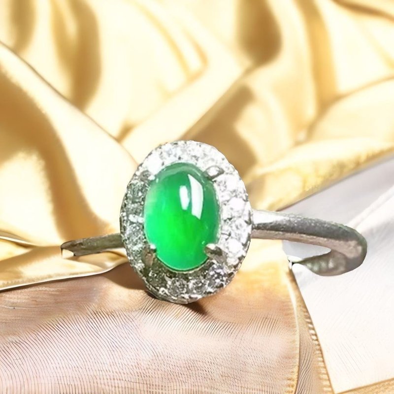 Bingzhong Laokeng green jadeite cabochon ring 925 sterling silver inlaid | natural grade A jadeite | gift - แหวนทั่วไป - หยก สีเขียว