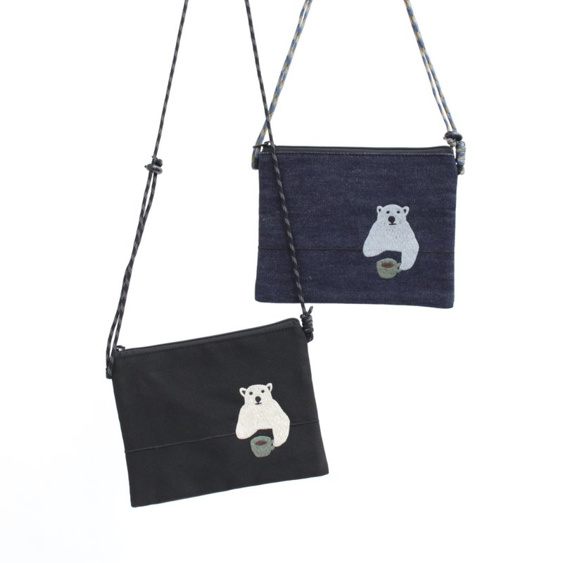 ホッと珈琲クマ刺繍・サコッシュ - 化妝包/收納袋 - 棉．麻 藍色