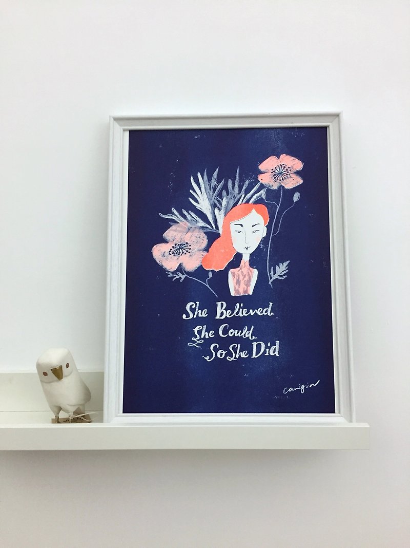 She believed she could so she did, risograph print (without frame) - โปสเตอร์ - กระดาษ สีน้ำเงิน