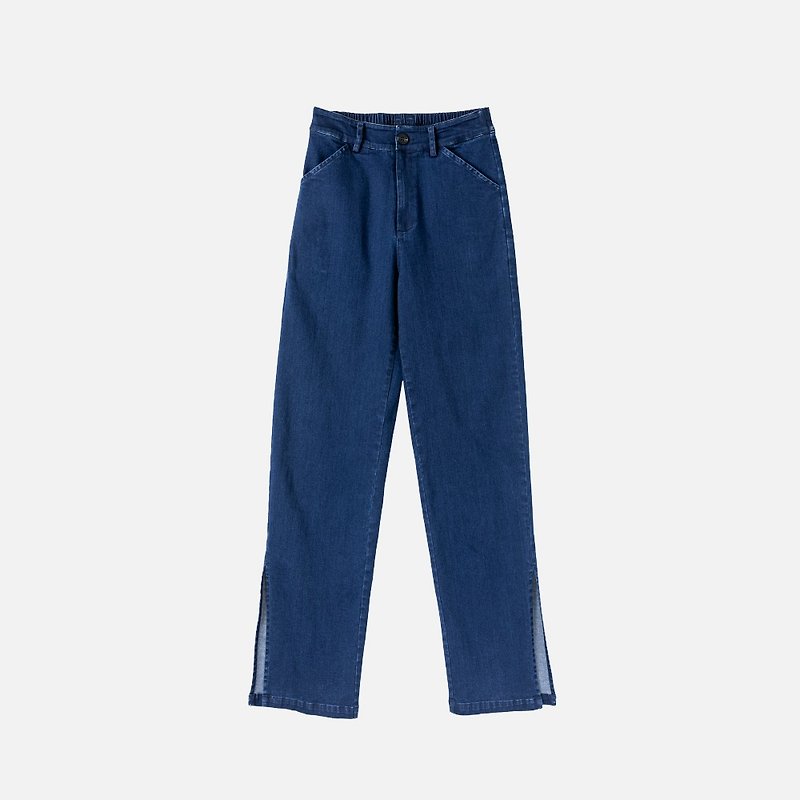 #641 Dark blue high-waisted straight-leg jeans with thin slits and floor pants - กางเกงขายาว - ผ้าฝ้าย/ผ้าลินิน สีน้ำเงิน