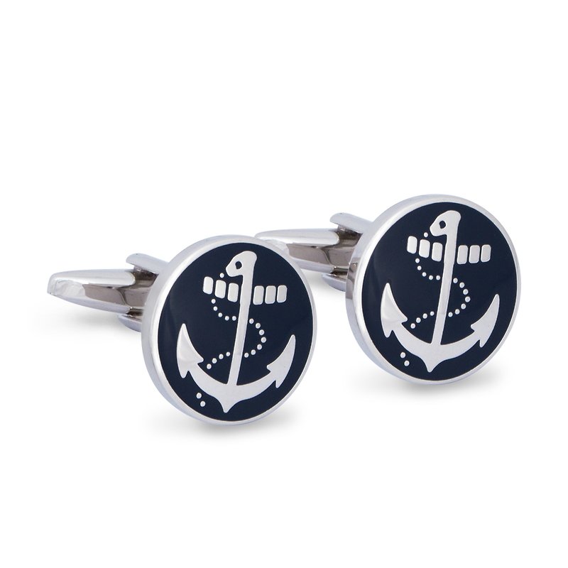 Round Nautical Anchor Cufflinks in Navy - กระดุมข้อมือ - โลหะ สีน้ำเงิน