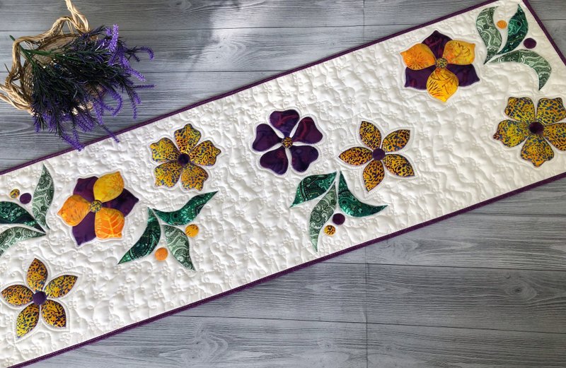 Quilted purple-yellow flowers table runner, Bed topper, Flowers quilted items - Place Mats & Dining Décor - Cotton & Hemp Multicolor