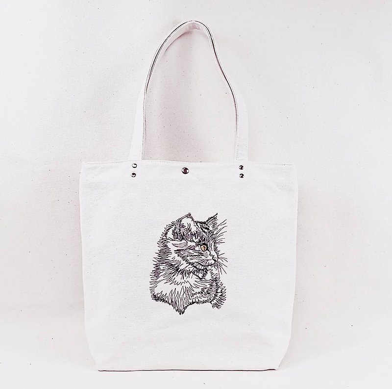 貓  刺繡  手提袋  胚布袋 購物袋  肩背袋 (小) - 側背包/斜背包 - 棉．麻 