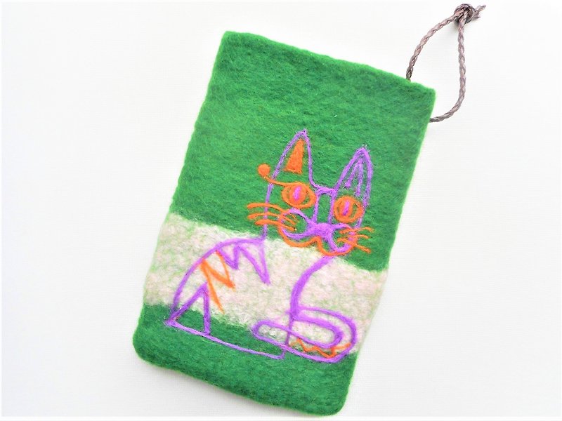 フェルト　猫の軽量ケース - 化妝袋/收納袋 - 羊毛 綠色