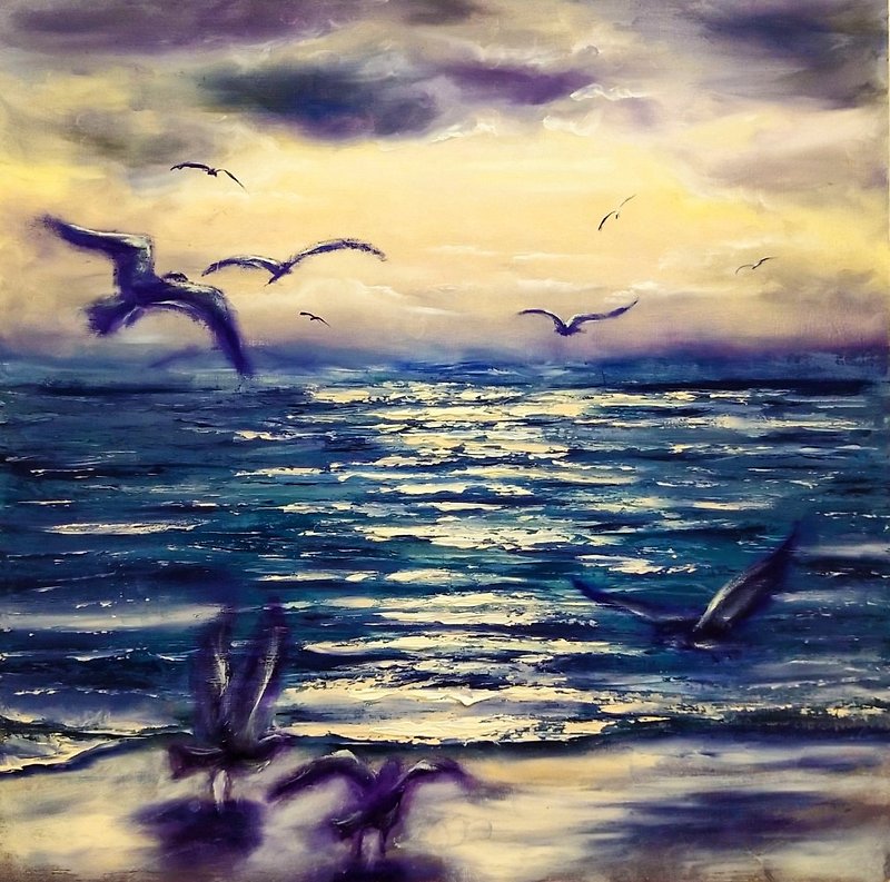 Beach Painting Ocean Original Art Oil Painting on Canvas 50x50 cm 油畫原作 - โปสเตอร์ - ผ้าฝ้าย/ผ้าลินิน หลากหลายสี