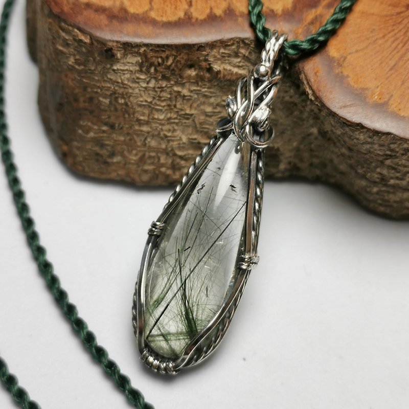 Green hair crystal-sterling silver braided design pendant / with waterproof Wax line necklace / adjustable length - Necklaces - Semi-Precious Stones Green