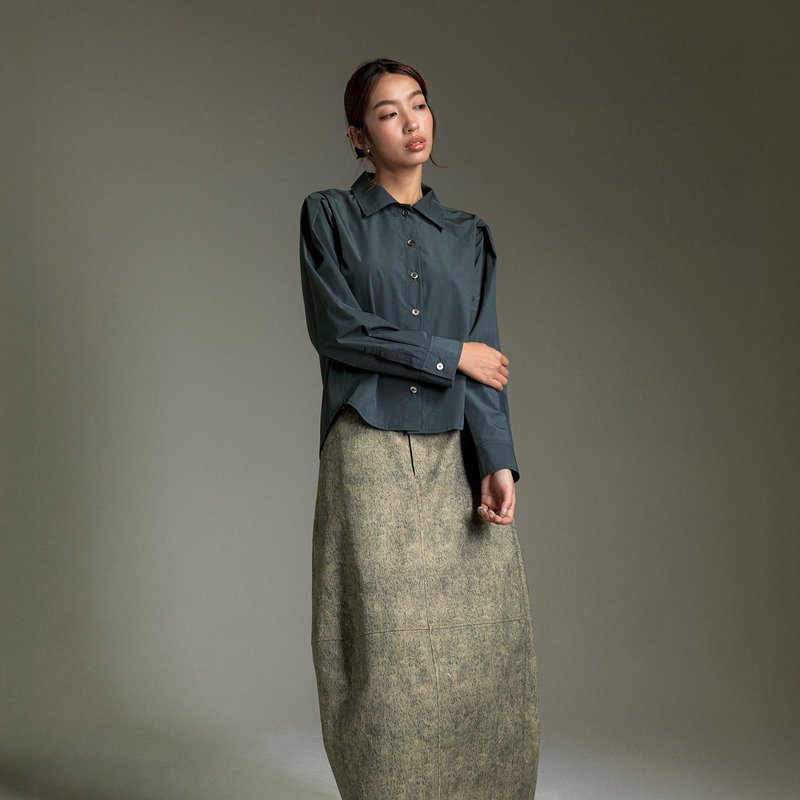 沉著微褶弧襬襯衫 - 女裝恤衫 - 其他材質 藍色