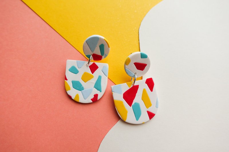 Hard Series-Colorful terrazzo handmade soft clay earrings (can be changed) polymer clay earring - Earrings & Clip-ons - Pottery Multicolor