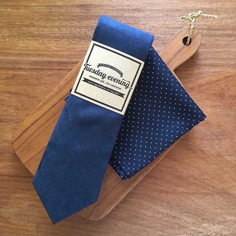 Blue Flannel Tie Set (Polka dot) - เนคไท/ที่หนีบเนคไท - ผ้าฝ้าย/ผ้าลินิน สีน้ำเงิน