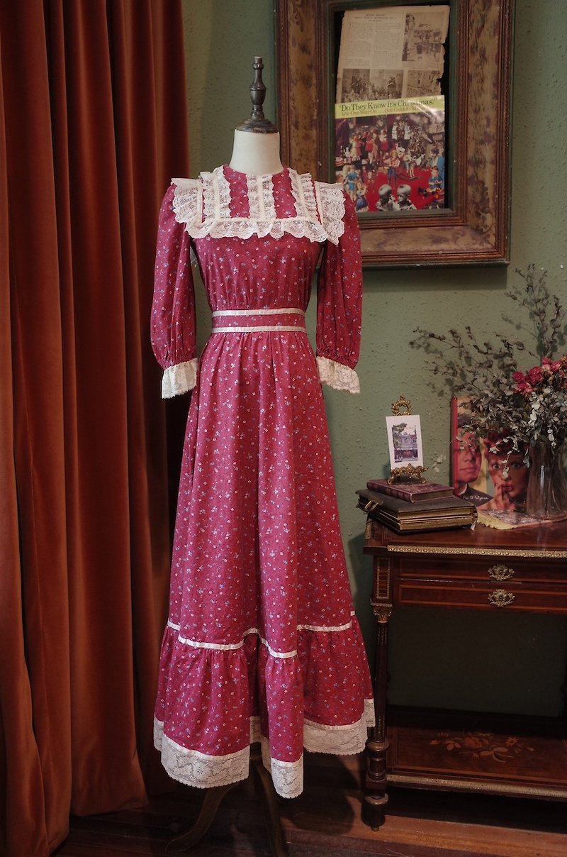 vintage American pink lace large lapel print dress vintage temperament dress - ชุดเดรส - ผ้าฝ้าย/ผ้าลินิน 