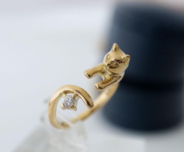 Diamond gold cat ring 0.1ct K18 - Shop naturama General Rings - Pinkoi