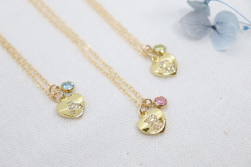 14KGF Mini Heart Letter & Birthstone Necklaces, 14KGF Dainty Initial Necklace - สร้อยคอ - วัสดุอื่นๆ สีทอง