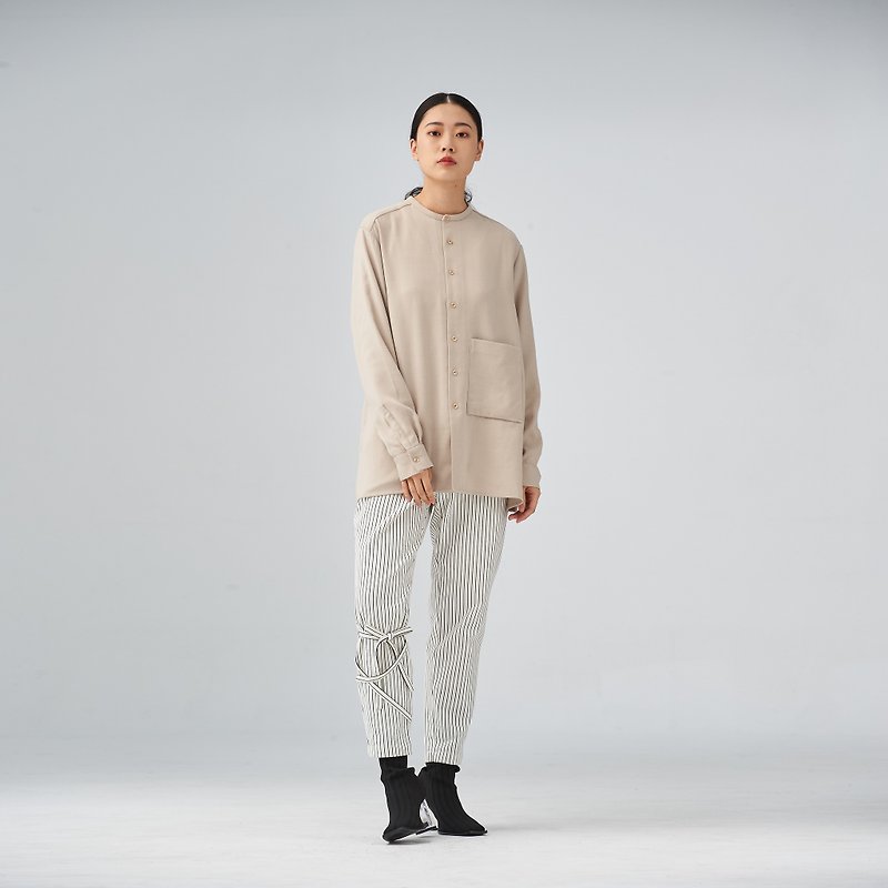 Khaki collarless shirt - Women's Shirts - Wool Khaki