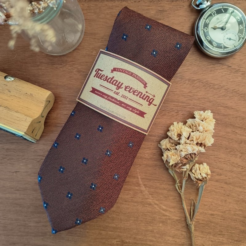 Necktie Copper Brown with Navy Flower Dot | 8cm - เนคไท/ที่หนีบเนคไท - เส้นใยสังเคราะห์ สีนำ้ตาล