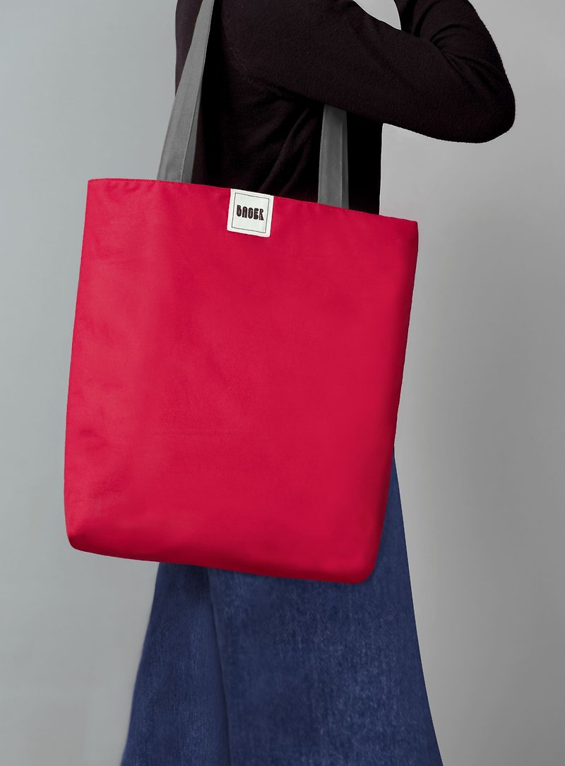 カラーブロックショルダーキャンバスバッグ（ラージ）/レッド+グレー - ショルダーバッグ - コットン・麻 多色