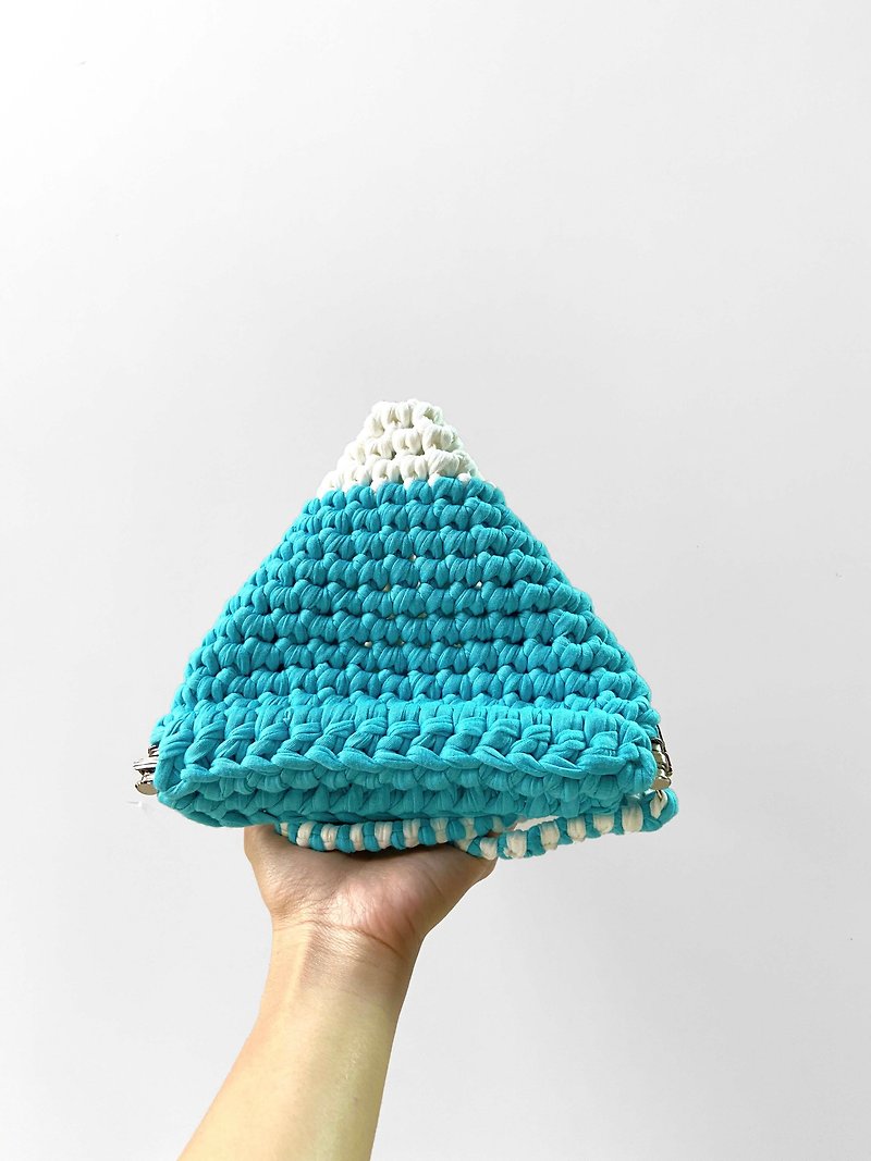 Duo Color Triangle Handbag, crochet, knit, handmade ( Light Blue / White)