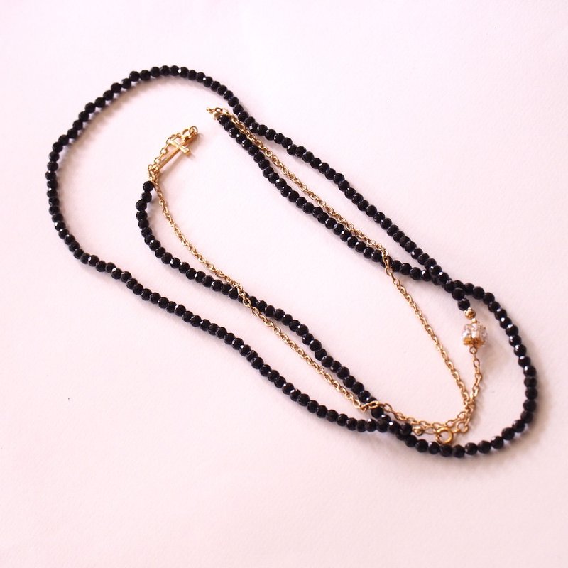 天然黑瑪瑙 多層長鍊 鋯石 十字架 鍍金項鍊 Onyx long necklace - 長項鍊 - 半寶石 黑色