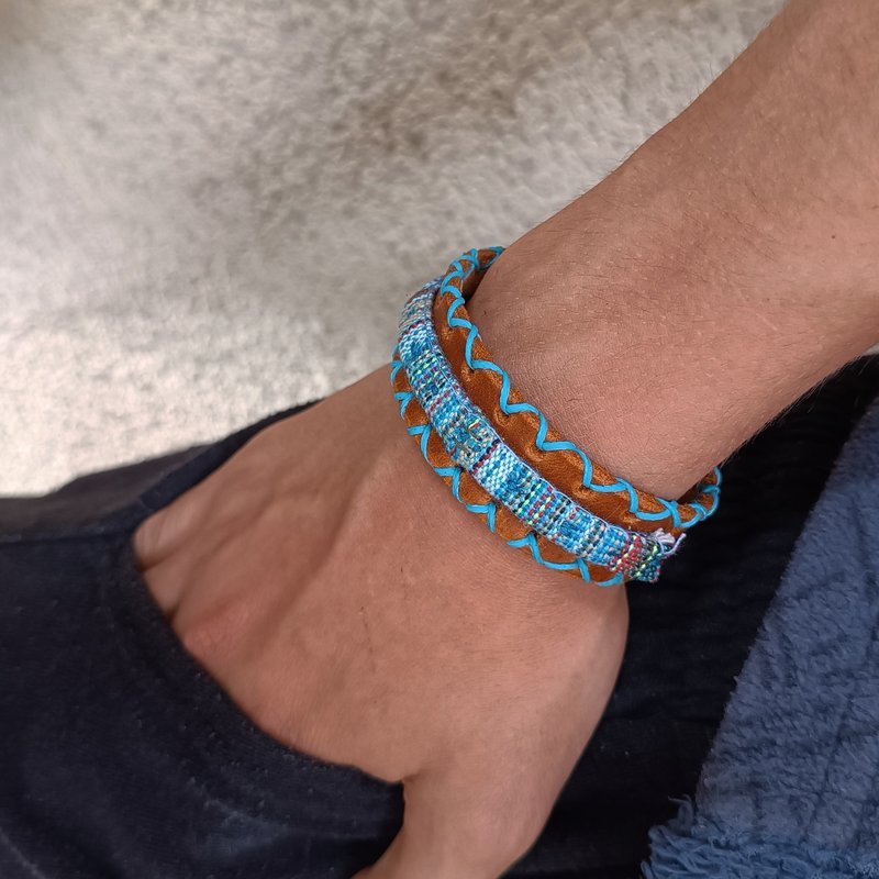 Ethnic Boho Unisex Leather Bracelet, Brown Turquoise - 手鍊/手環 - 真皮 咖啡色
