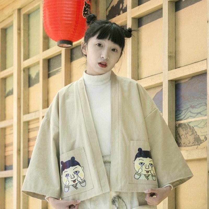 日式浮世繪羽織道袍 搞怪人物印花和服 開衫式外套 - 女上衣/長袖上衣 - 其他材質 卡其色