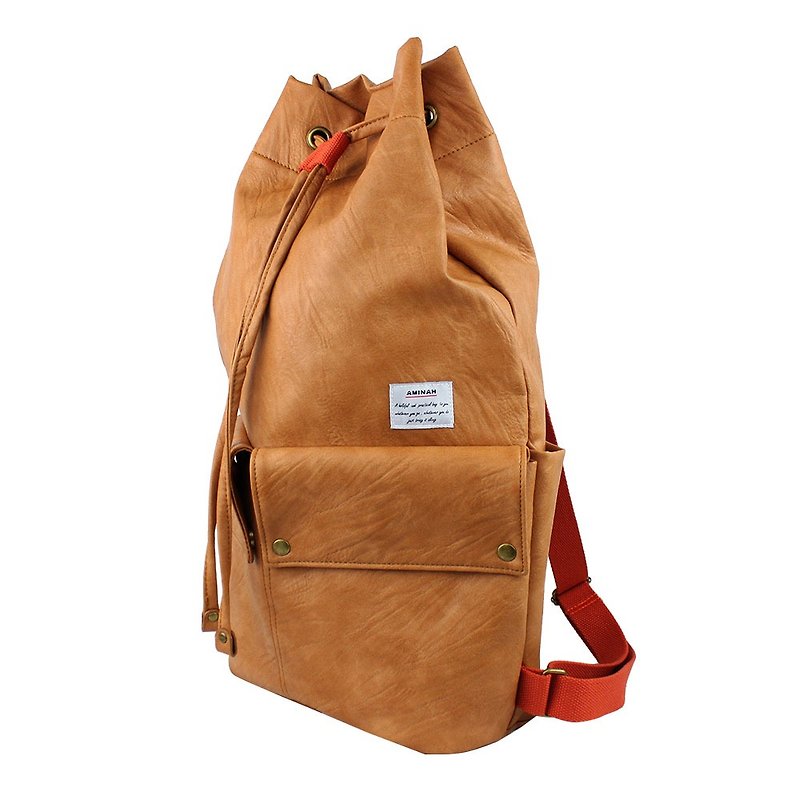 AMINAH-beige beam mouth backpack [am-0293] - Drawstring Bags - Faux Leather Orange