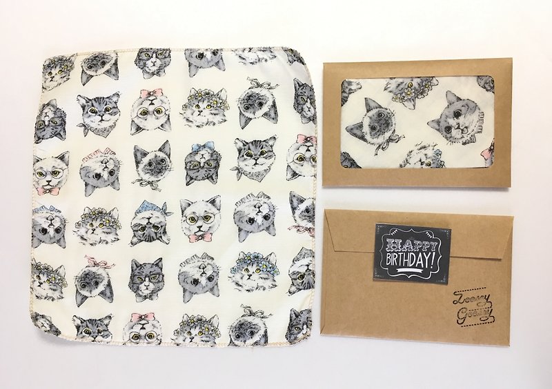 Mini handkerchiefs of spoof cats * Double gauze - ของขวัญวันครบรอบ - ผ้าฝ้าย/ผ้าลินิน ขาว