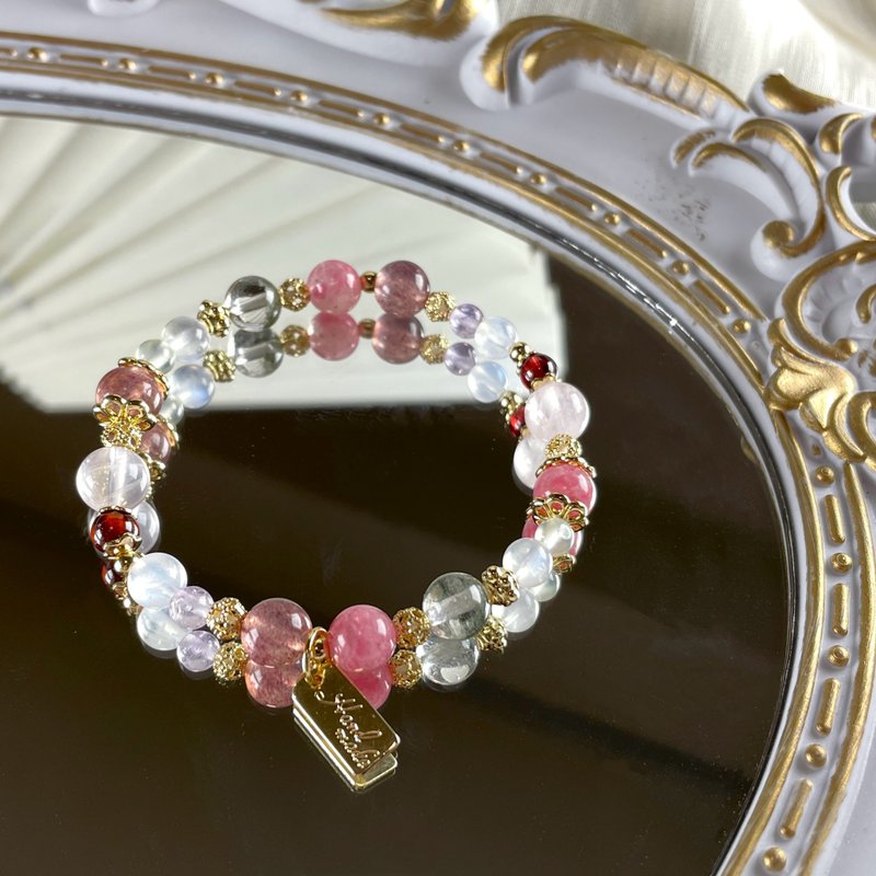 /Bouquet/Love Blessings Pink Crystal Rhodonite Strawberry Crystal Green Ghost Moonstone Amethyst Orange Pomegranate - Bracelets - Crystal Pink