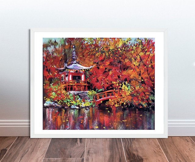 醍醐寺オリジナルオイルパステル画日本の秋の風景9×11インチ