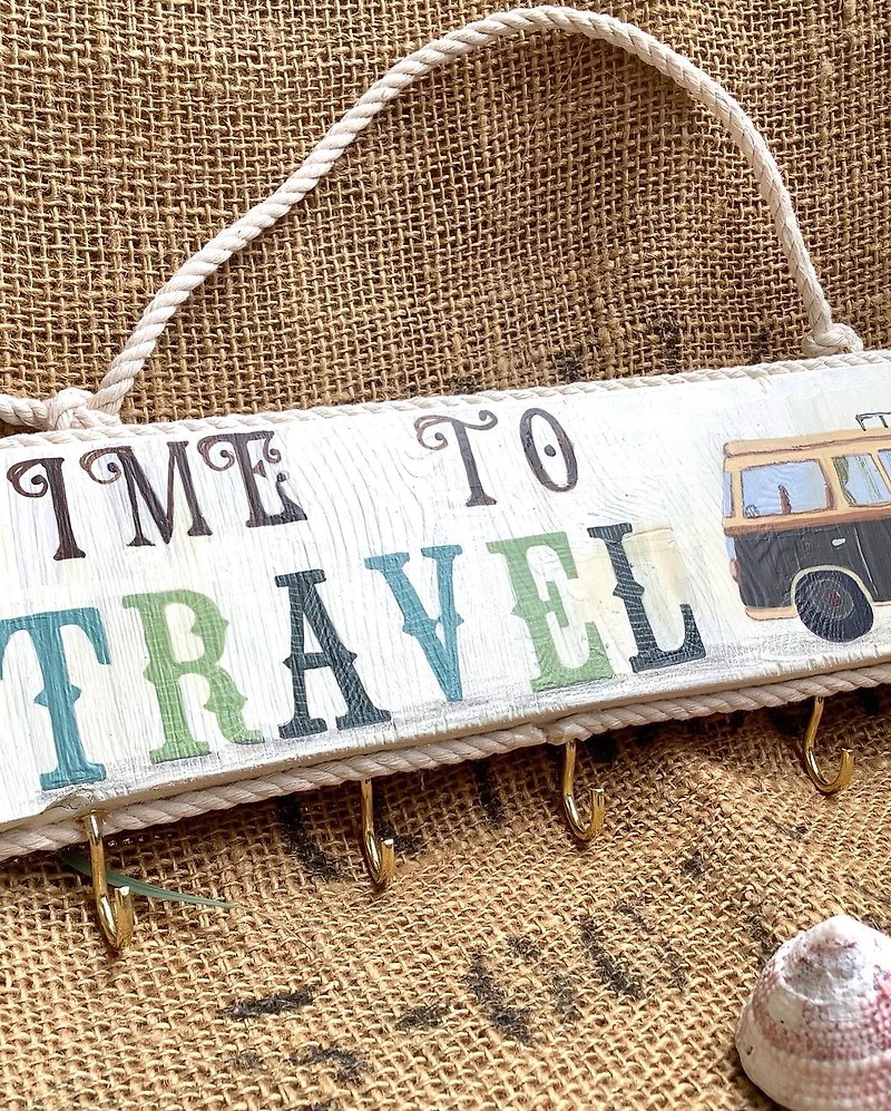 Travel Time To Travel / Pine Wood Painted Ornament with Hook - Items for Display - Wood Brown