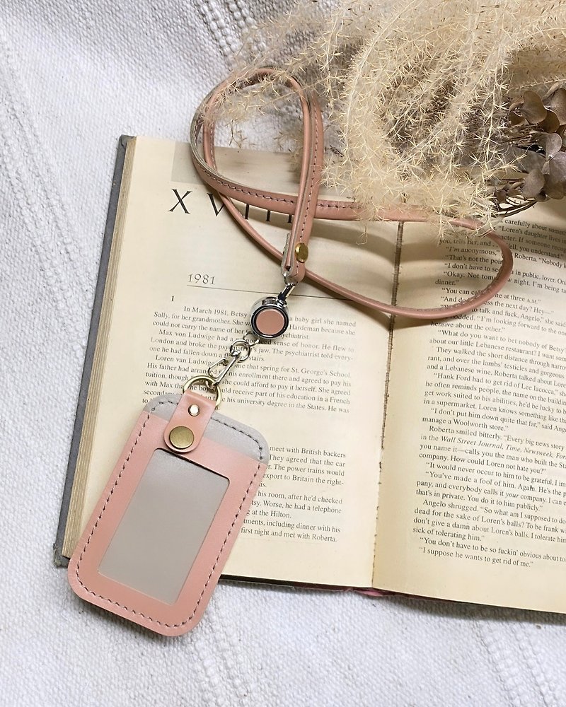 Simple contrasting color card holder + telescopic buckle neck cord - light card base + coral pink border - ID & Badge Holders - Genuine Leather Pink