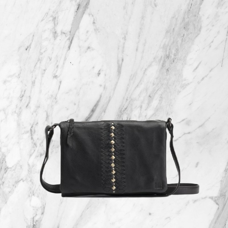 [Spain BIBA]Nashville button shoulder multi-layered square bag-classic black woven bag - Messenger Bags & Sling Bags - Genuine Leather Black