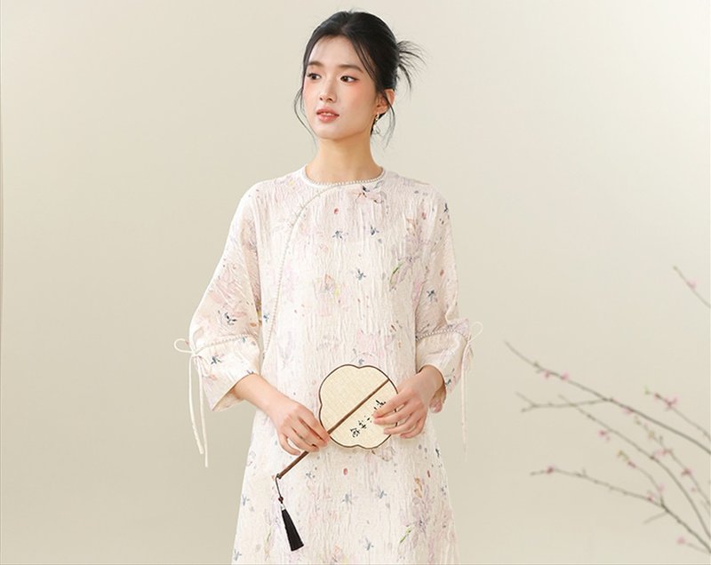 【暖沙米】新中式復古中國風 亞麻印花洋裝 - 洋裝/連身裙 - 其他材質 粉紅色