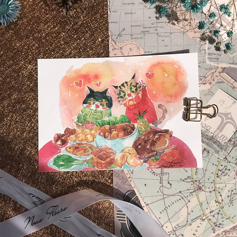 Cat's Reunion Dinner-New Year Postcard - การ์ด/โปสการ์ด - กระดาษ สีแดง