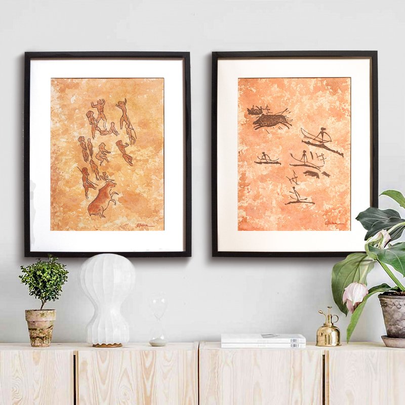 Deer hunting painting interior Prehistoric art Watercolor Pastel drawing Ancient - Posters - Paper Red