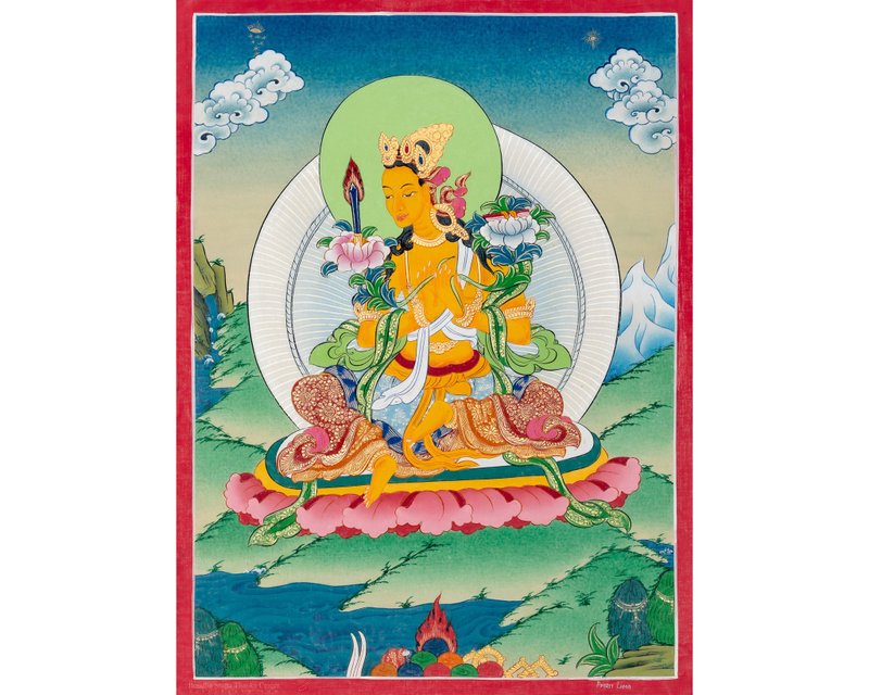 文殊菩薩唐卡畫   手工製作的西藏藝術品  展現靈性優雅 - 壁貼/牆壁裝飾 - 其他材質 多色