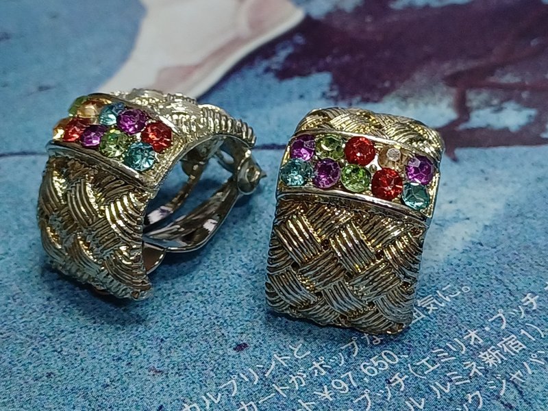 vintage jewelry  古董格紋萊茵夾式耳環 - 耳環/耳夾/耳骨夾 - 其他金屬 
