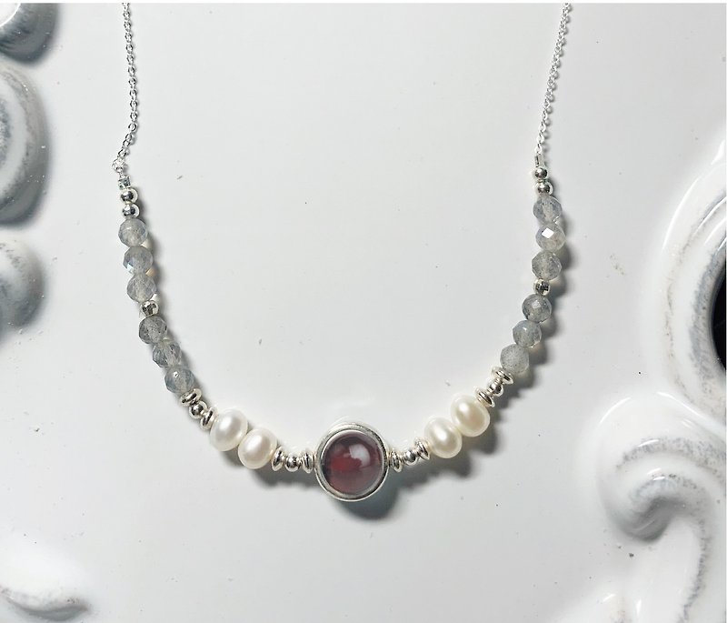紅石榴珍珠 925銀鎖骨練 - 項鍊 - 半寶石 紅色